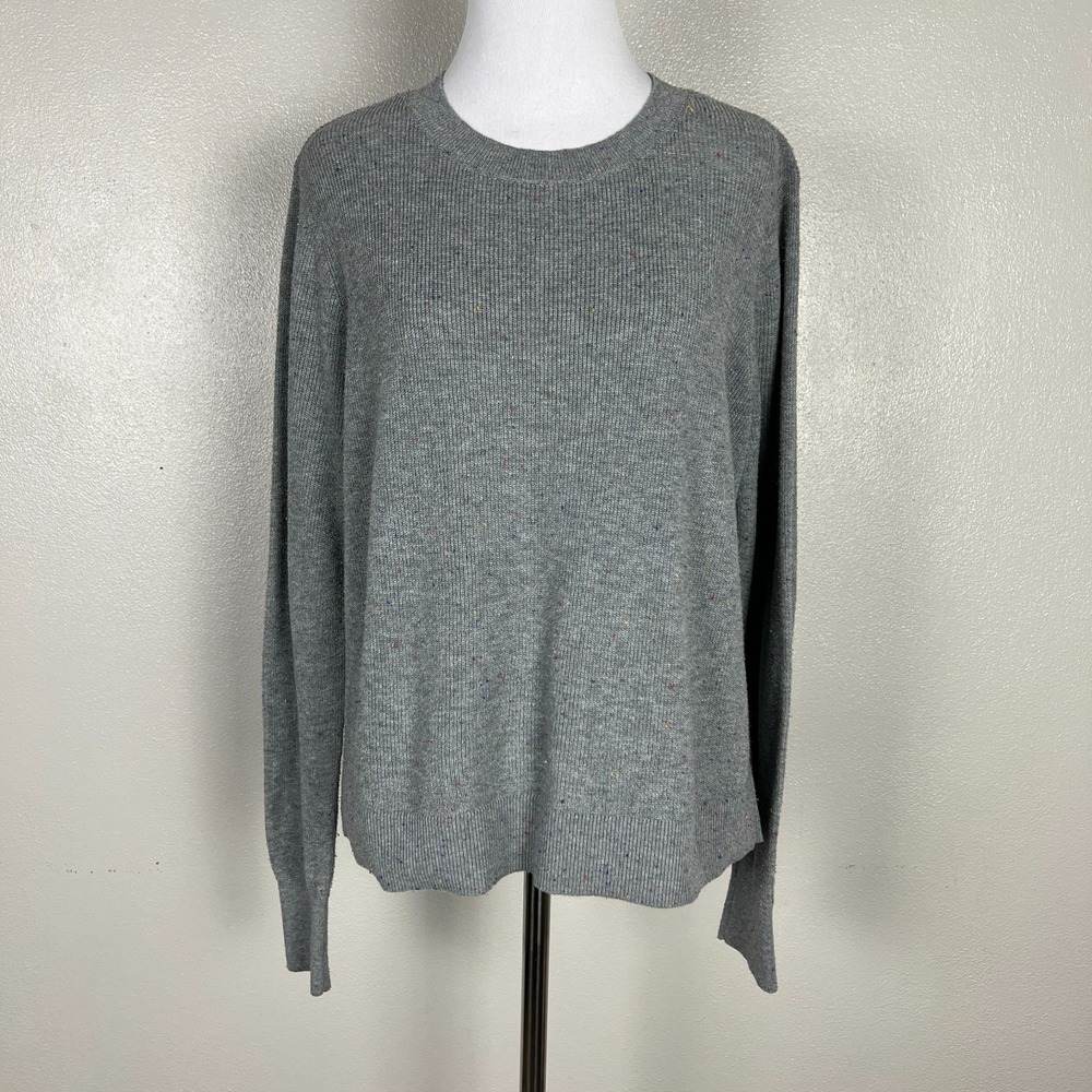 Loft Sweater Top‎ Women L Grey Speckled Ribbed Knit Crew Neck Preppy Lightweight